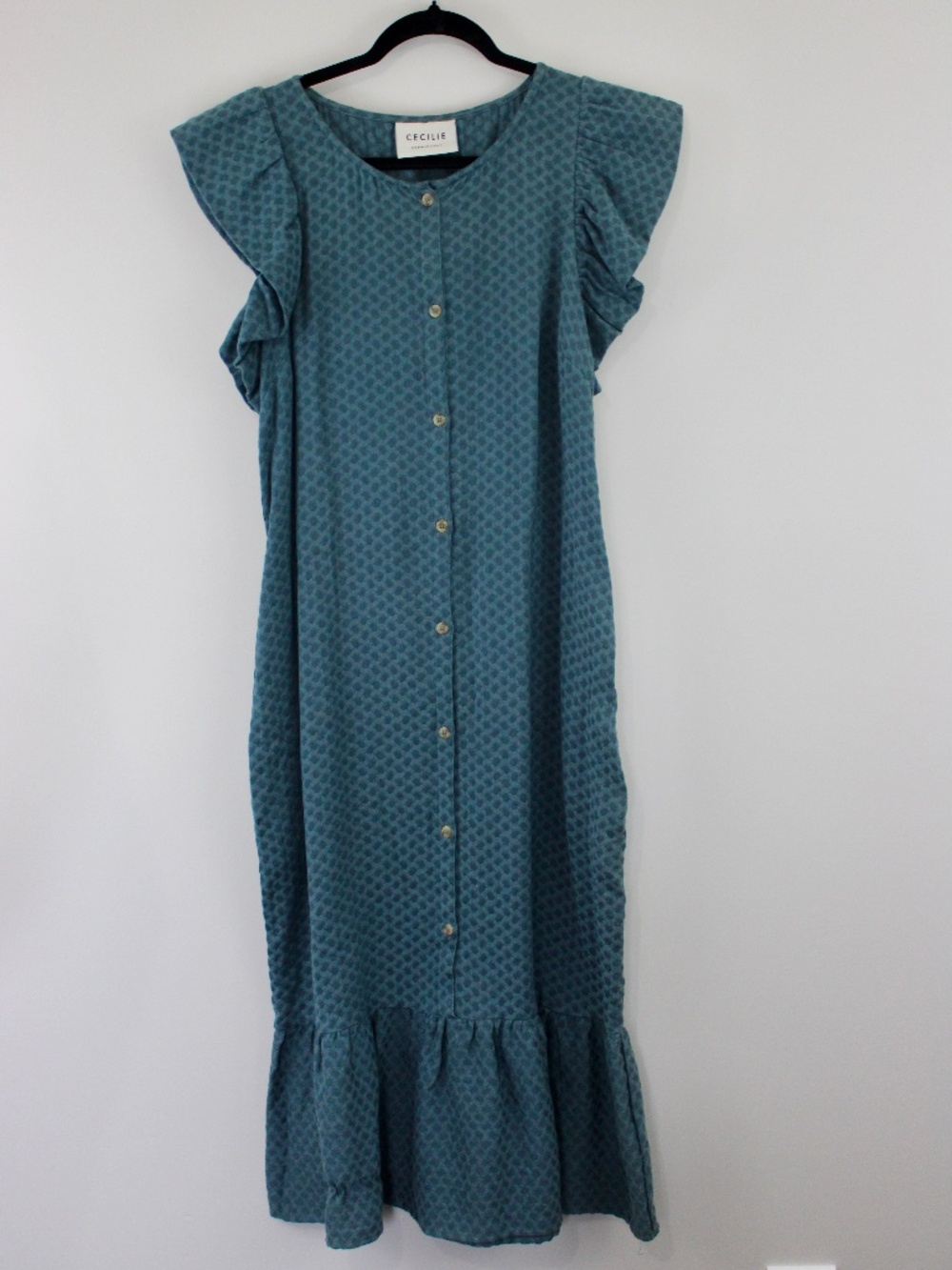 Cecilie Copenhagen Ruffle Sleeve Button Front Maxi Dress Size L